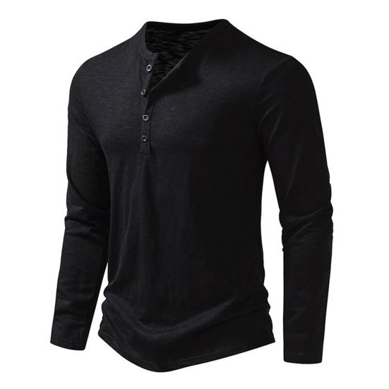 Men T-shirt Buttons Half Placket Long Sleeve Lightweight Tee Shirt Solid Color Loose Fit Pullover Tops Travel Office Daily Wear