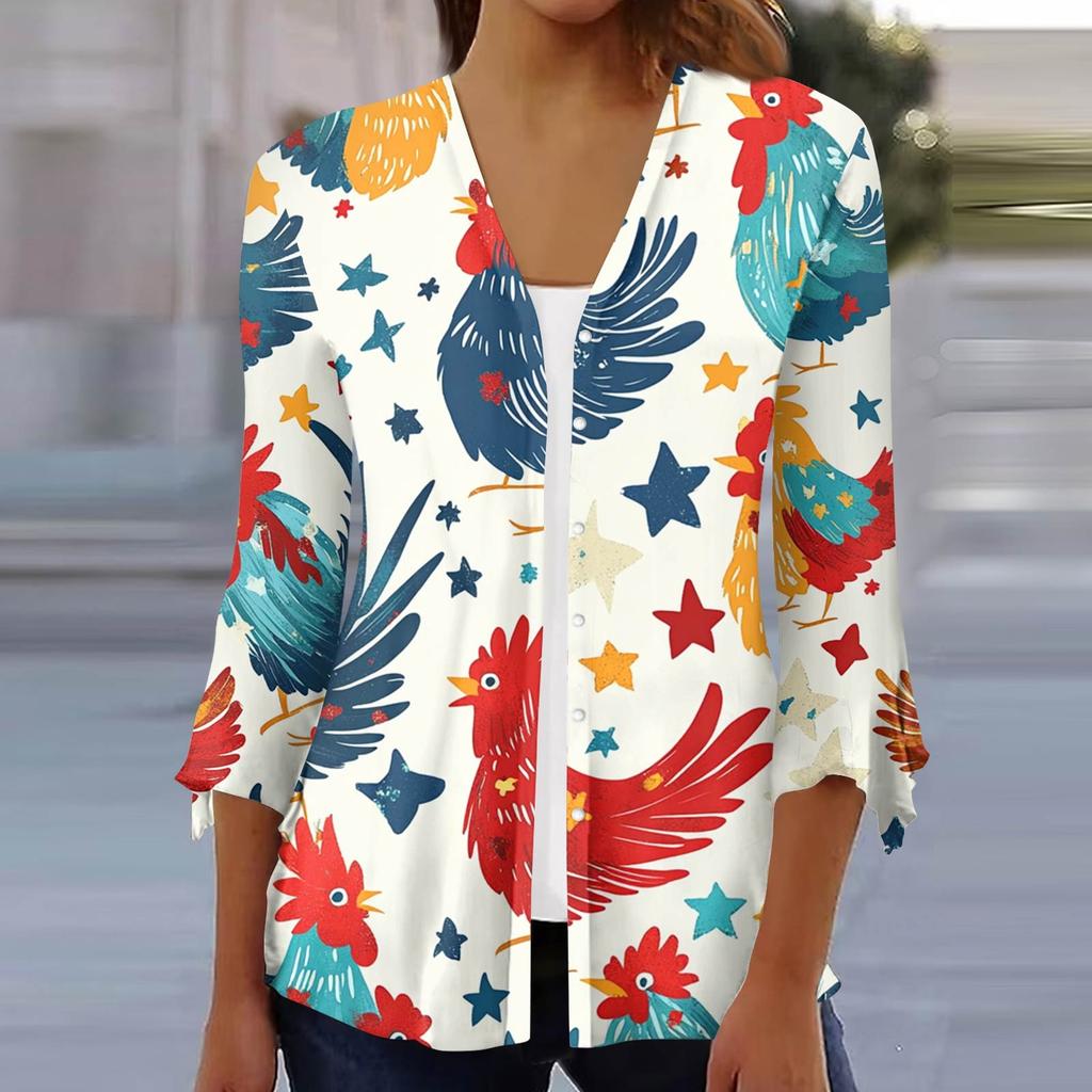 Women's Loose Casual Independence Day Printed Seven Sleeve Button Down Shirt Cardigan Top