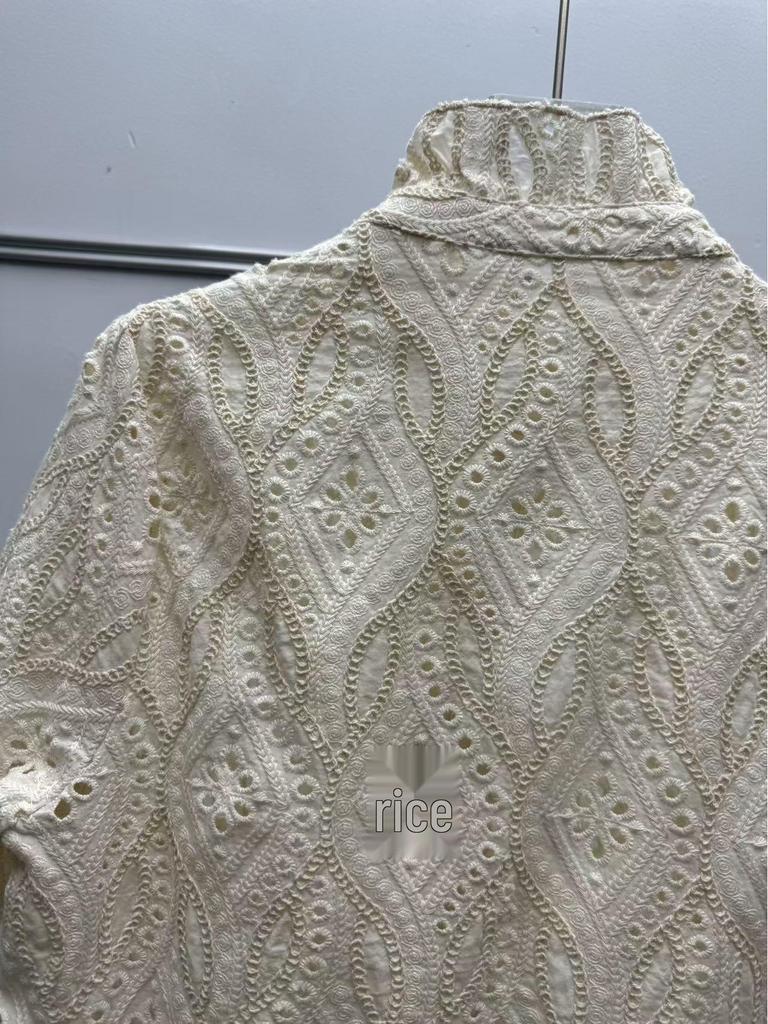 French Retro Mori-kei Embroidered Hollow Wood Ear Trim Solid Color Short Sleeve Shirt for Women