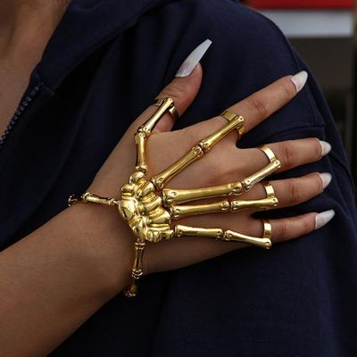 Punk Style Skeleton Hand Ring Bracelet Halloween Skull Fingers Wristband Adjustable One-Piece Women Men Finger Ring Bangle