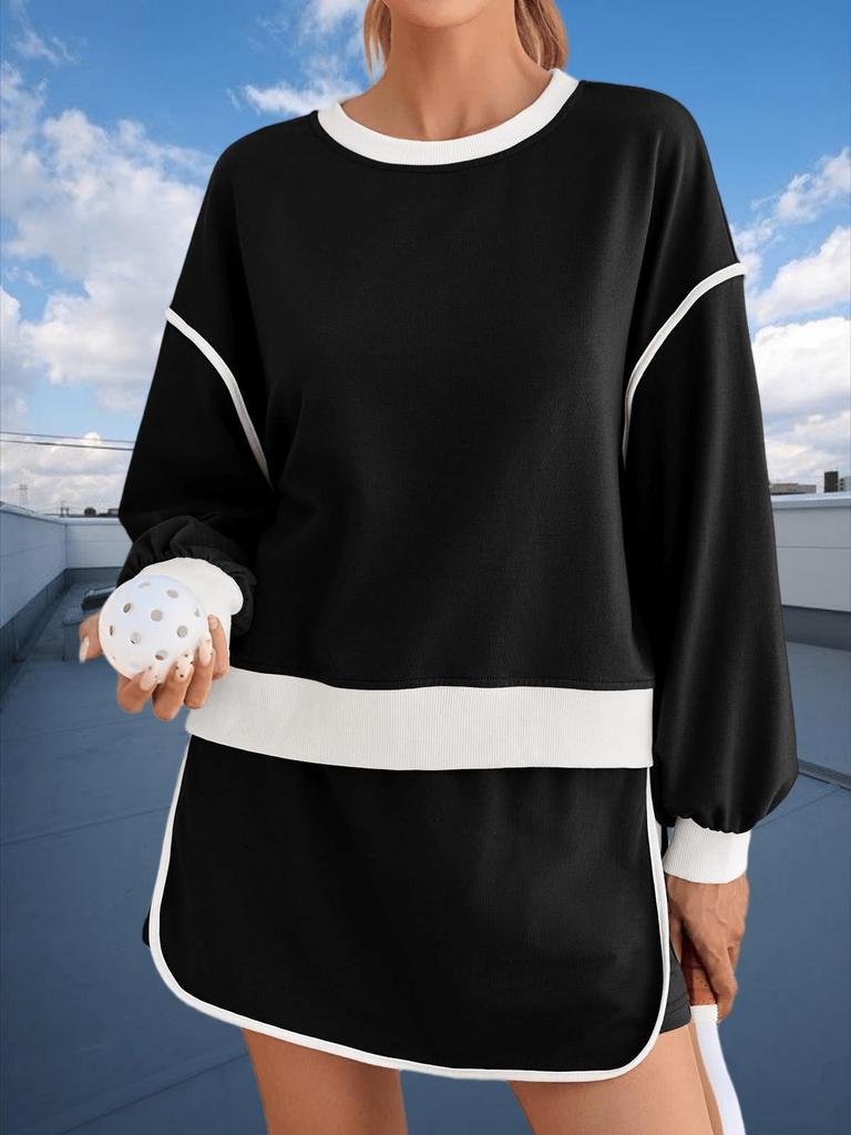 Women's Two Piece Oversized Crop Sweatshirt and High Waist Skirt Set Tennis Running Sport Outfit