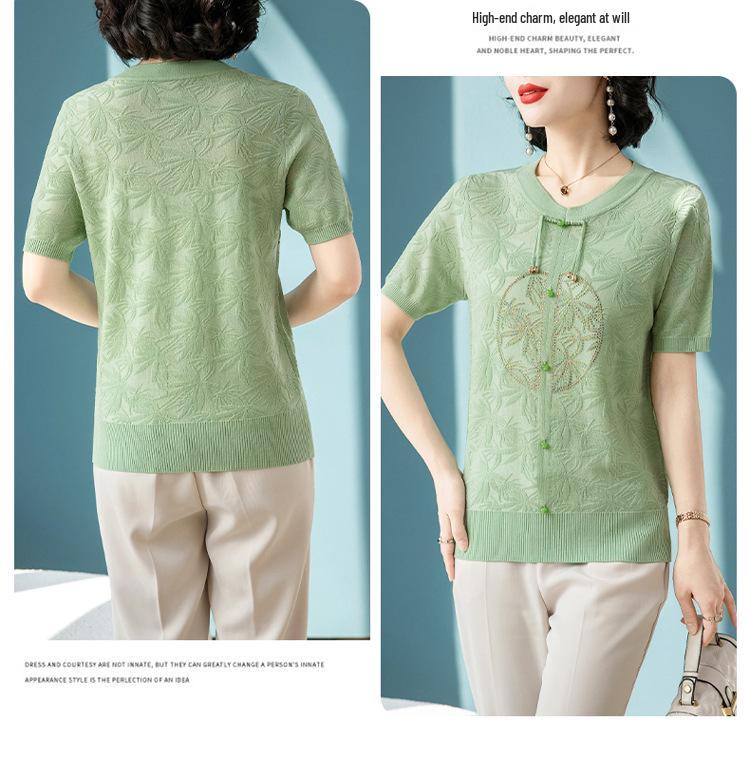 2026 Ice Silk Short-Sleeve Top: Fashionable Summer Blouse for Middle-Aged and Elderly Women