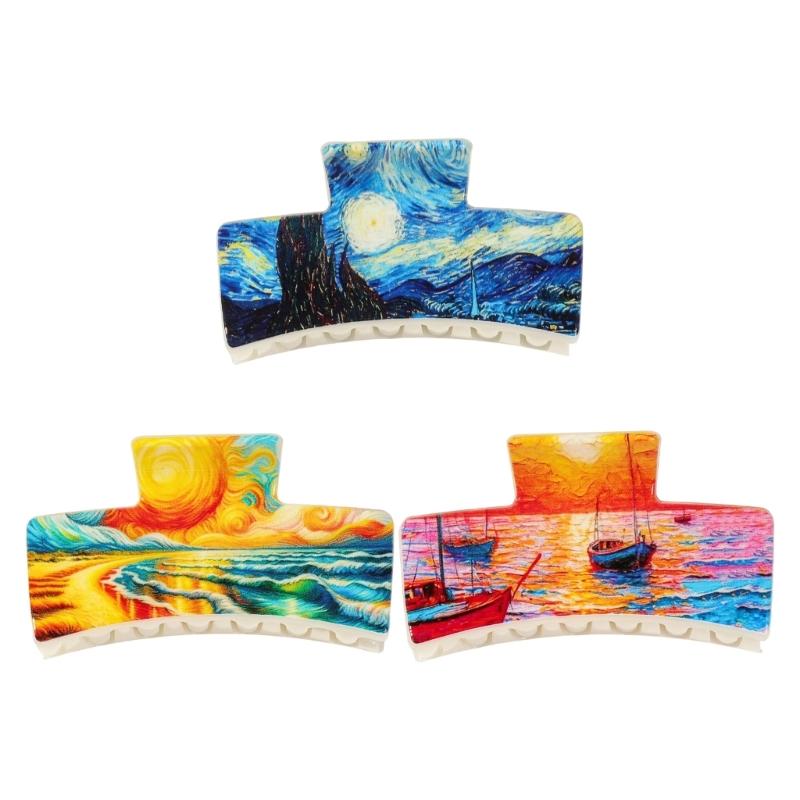 

3pcs European Oil Painting Style Hair Clip Square Design Nonslip Hairpins Fashion Hair Accessories for Daily Use