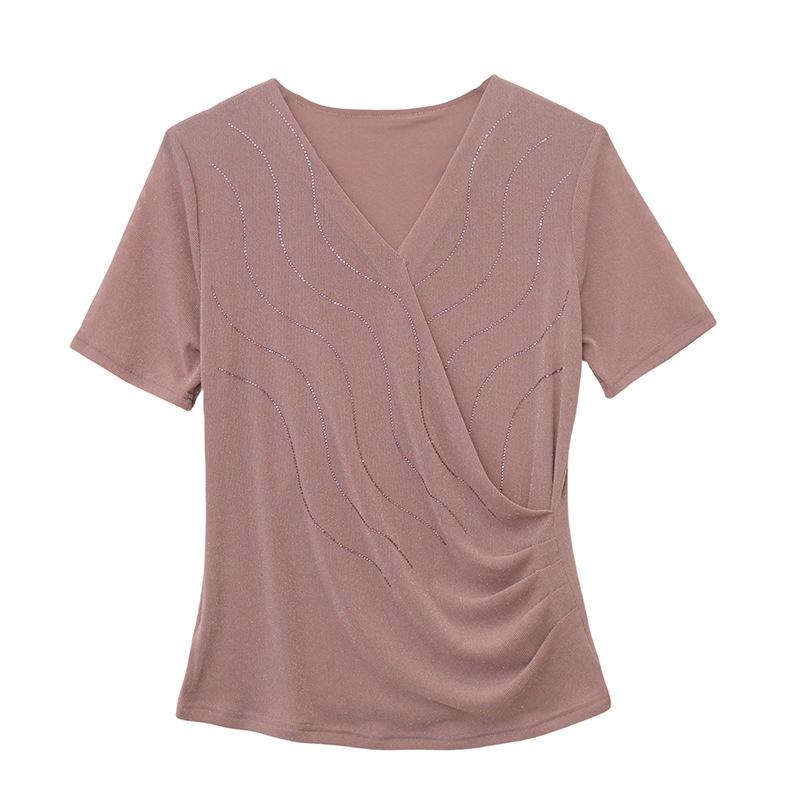 Womens V Neck Wrap Ruched Rhinestone Mesh Short Sleeve Casual Blouse