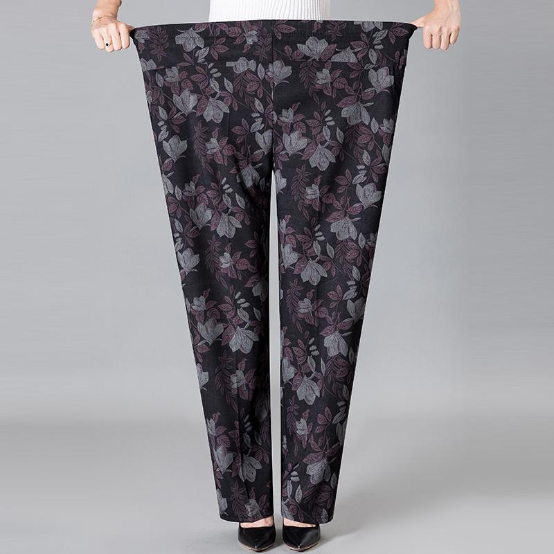 8XL 9XL Middle-aged Women Trousers Print Elastic High Waist Casual Pants Straight Pants Oversize Grandma