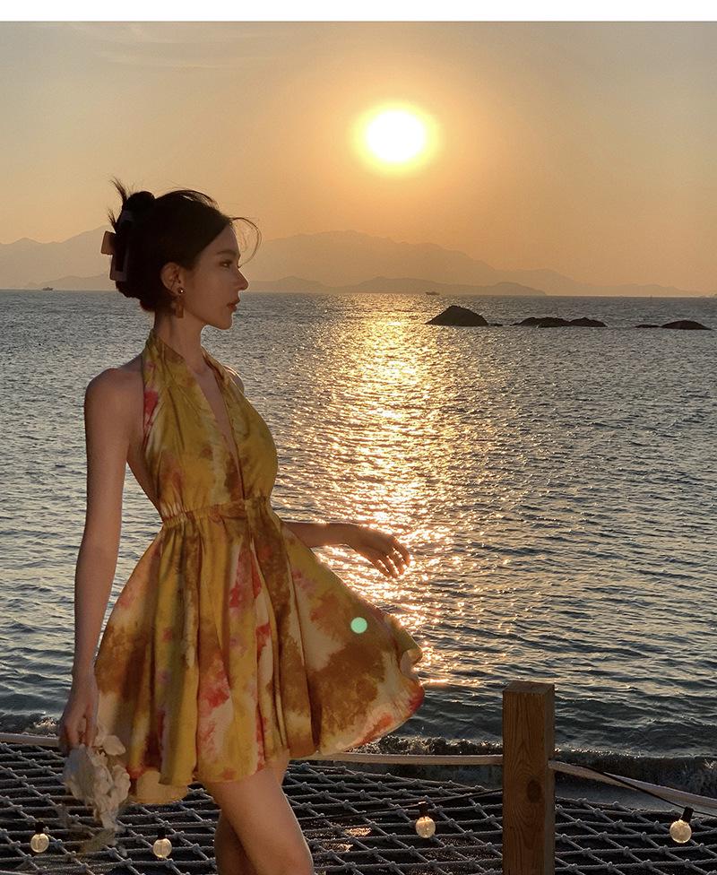 Sunny Yellow Halter Mini Dress - French Style, Fairy-Inspired, Sexy Backless Design, Perfect for Slimming Vacation Looks