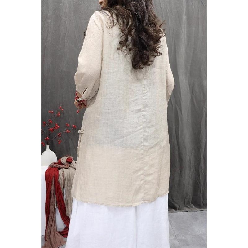 Women Summer Spring Round Neck Half Sleeve Cotton Linen Blend Embroidered Retro Casual Tunic Top
