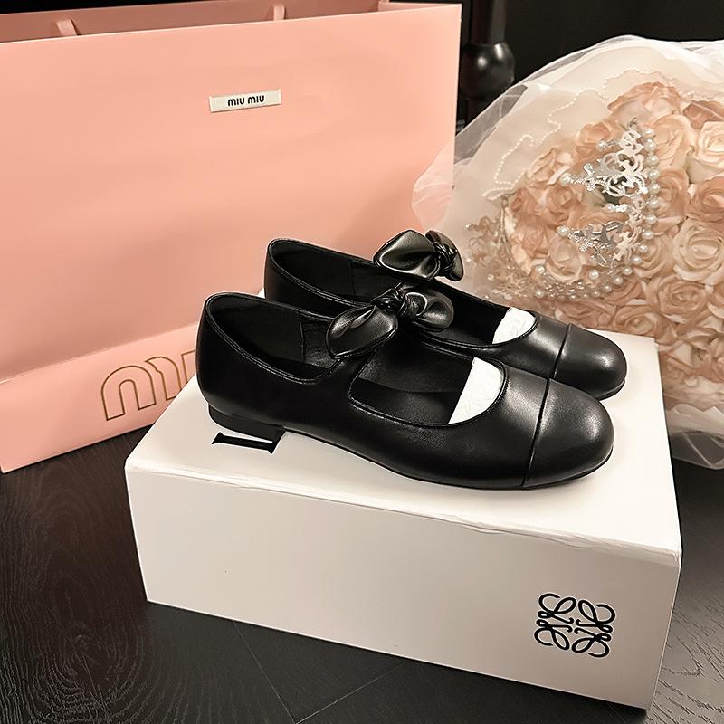 Cowhide 2025 Spring Bow Ballet Flats: Women's Genuine Leather Round Toe Mary Janes