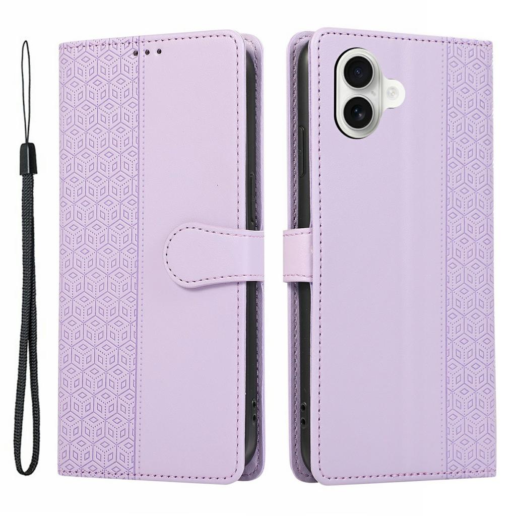 For iPhone 17 Case Splicing Imprinted Rhombus Leather Phone Cover with Wrist Strap
