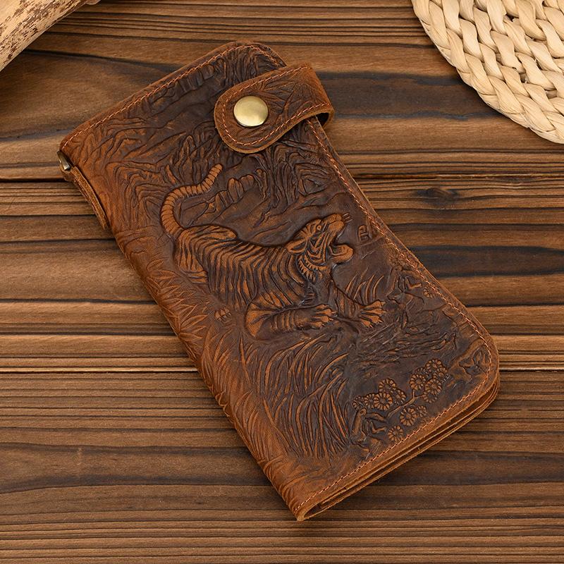 Newsbirds luxury designer men leather wallet 3D Tiger Dragon embossing cowhide men's wallet with iron chain high fashion