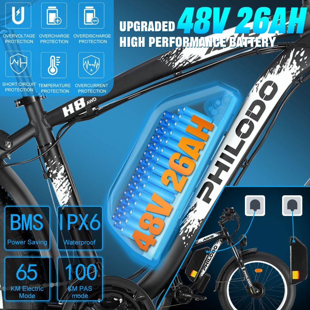 Bicicleta eléctrica PHILODO H8, motor de 3000W, batería de 48V 26Ah, velocidad máxima 56 km/h, autonomía de 100 km, neumáticos de 26x4.0 pulgadas