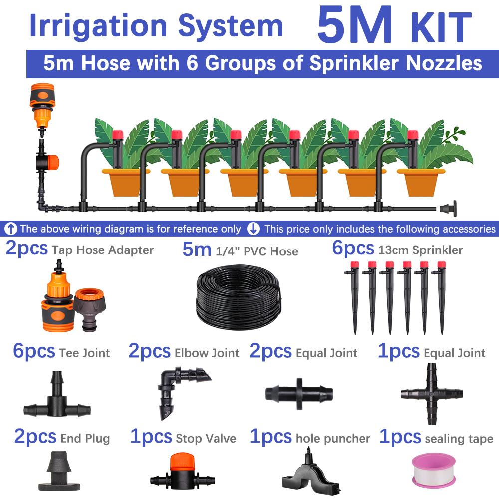 50-5m 1/4" Garden Drip Micro Irrigation 8-hole Adjustable Drippers with Stake 4/7mm Adapter PVC Tubing Automatic Watering System