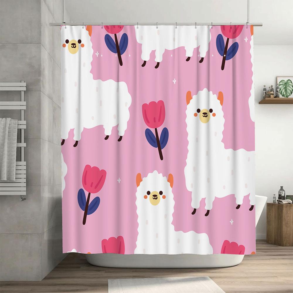 Cute Sheep Flower Print Shower Curtain for Bathroom Decoration Pink Tones with Llama Illustrations (180x240cm)