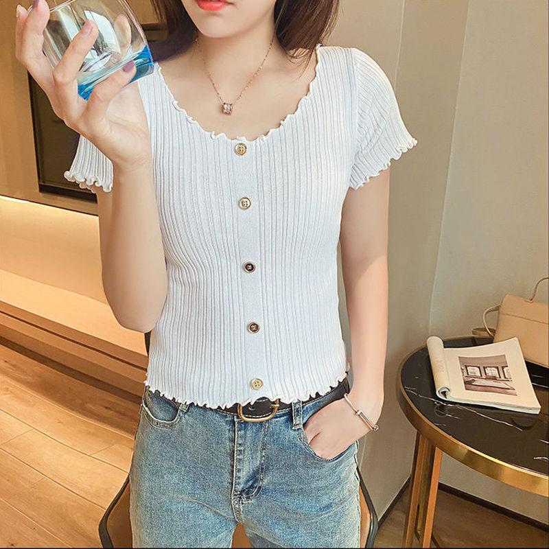 Summer Women Fashion Slim Short Sleeve T-shirt Knitted Elastic Short Tops