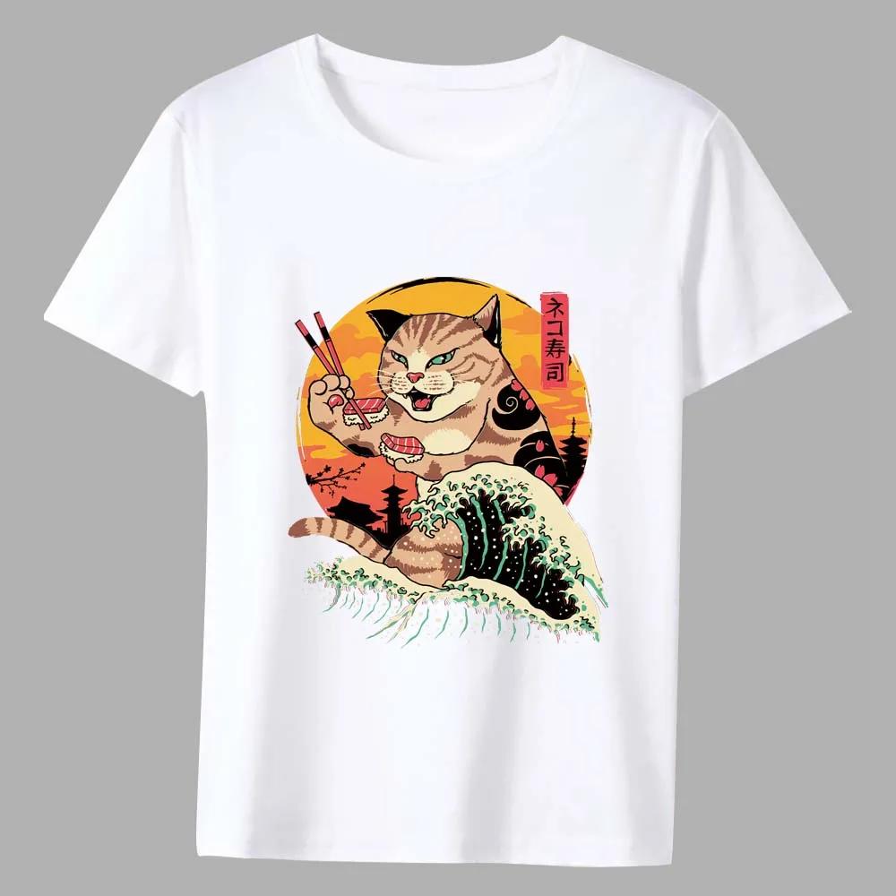 Men's T-shirt Japanese Characteristic Cartoon Cat Series Direct Sales Summer Daily Commuter Casual Slim Round Neck Men's Top