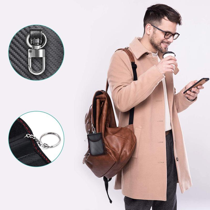 Carbon Fiber Leather RFID Car Key Signals Blocker Case With Key Hook Keyless Car Theft Pouch Faraday Car Key Bag