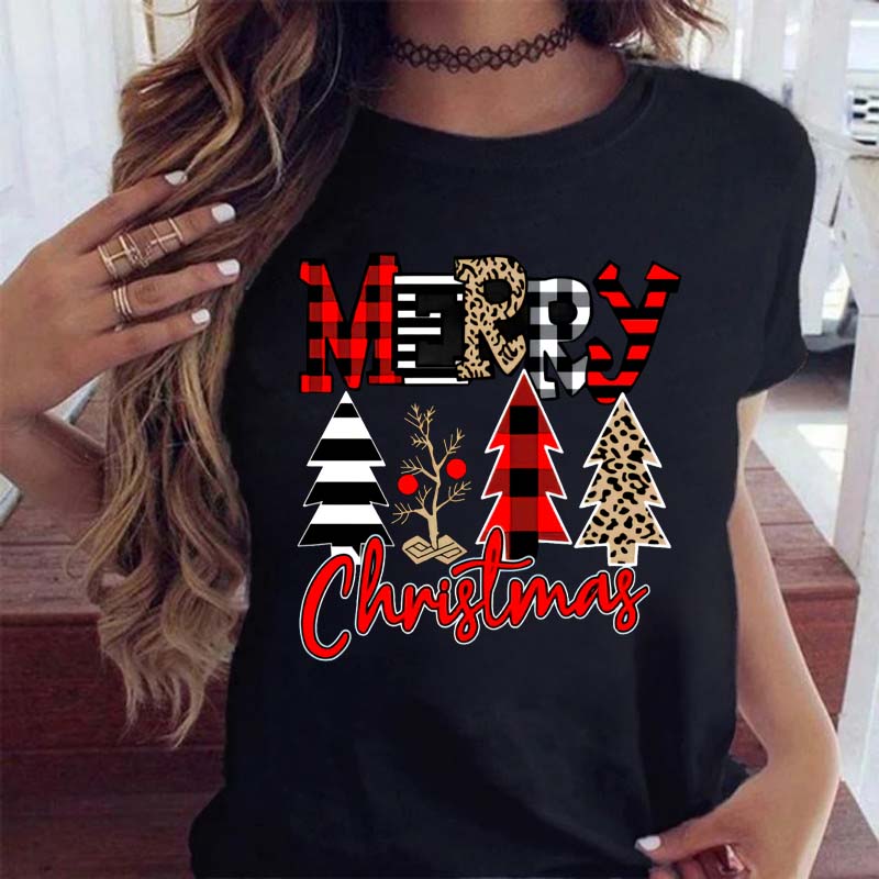 Cute Snowman Christmas Happy Women's T-shirt Cartoon Pattern Printed Black T-shirt 90s Fashion Girls Christmas Gift Top