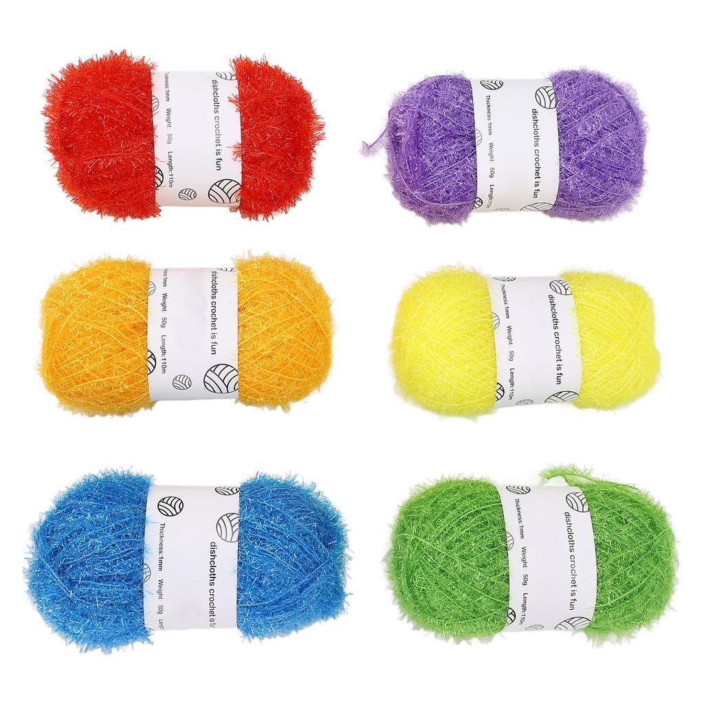 6 Pcs Shiny Yarn Multi Color Soft Cotton Glitter Sparkle Yarn with Stainless Steel Crochet Hook for Knitting Crafting