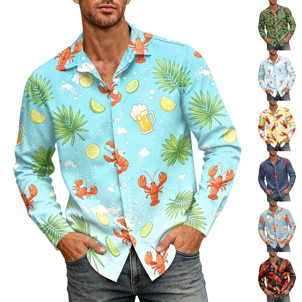 Men's Long Sleeve Hawaiian Shirt Lobster Print Button Down Collar Casual Beach Shirt for Summer Vacation and Outdoor Activities
