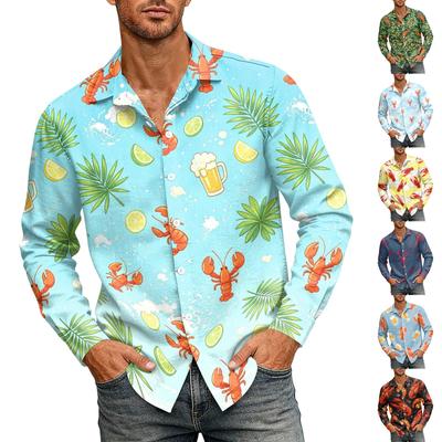 Men's Long Sleeve Hawaiian Shirt Lobster Print Button Down Collar Casual Beach Shirt for Summer Vacation and Outdoor Activities