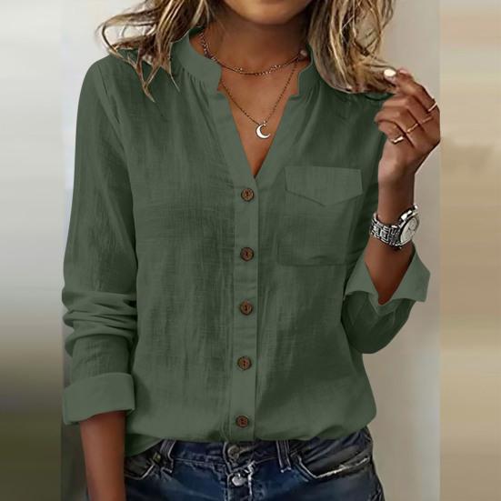 Women Shirt V Neck Long Sleeve Button Down Spring Summer Casual Tops