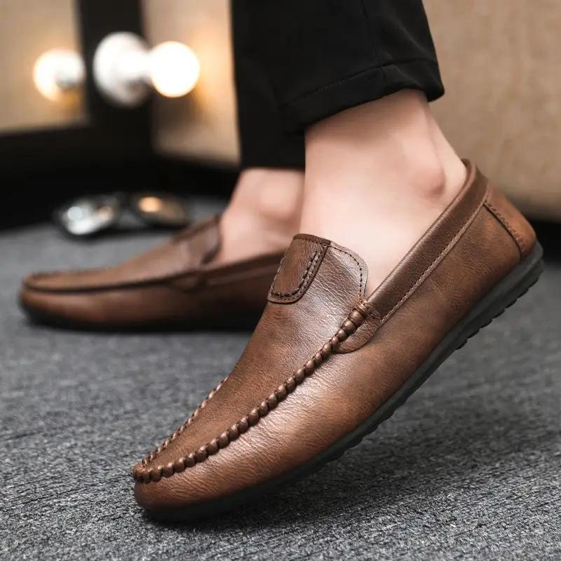 Fashion Flat Office Male Casual Shoe Pu Cowhide Comfortable Retro Adults Classic Original Elegant Low Price Slip-on Men's Leather Shoes