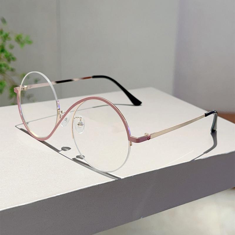 Fashion Semi-Rimless Round Frame Women's Ins Brand Design Pink Glasses Blue Light Blocking Retro Metal Decor Eyewear