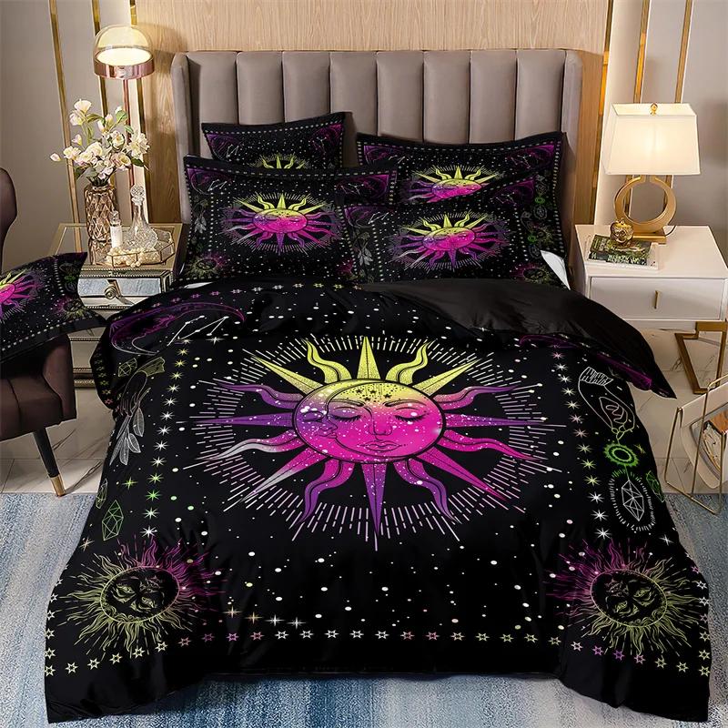 Bedding Set With Duvet Cover And Pillowcases, Starry Sky Print, Sun And Moon, 2 People, 220x240, Luxury Galaxy Series, Winter
