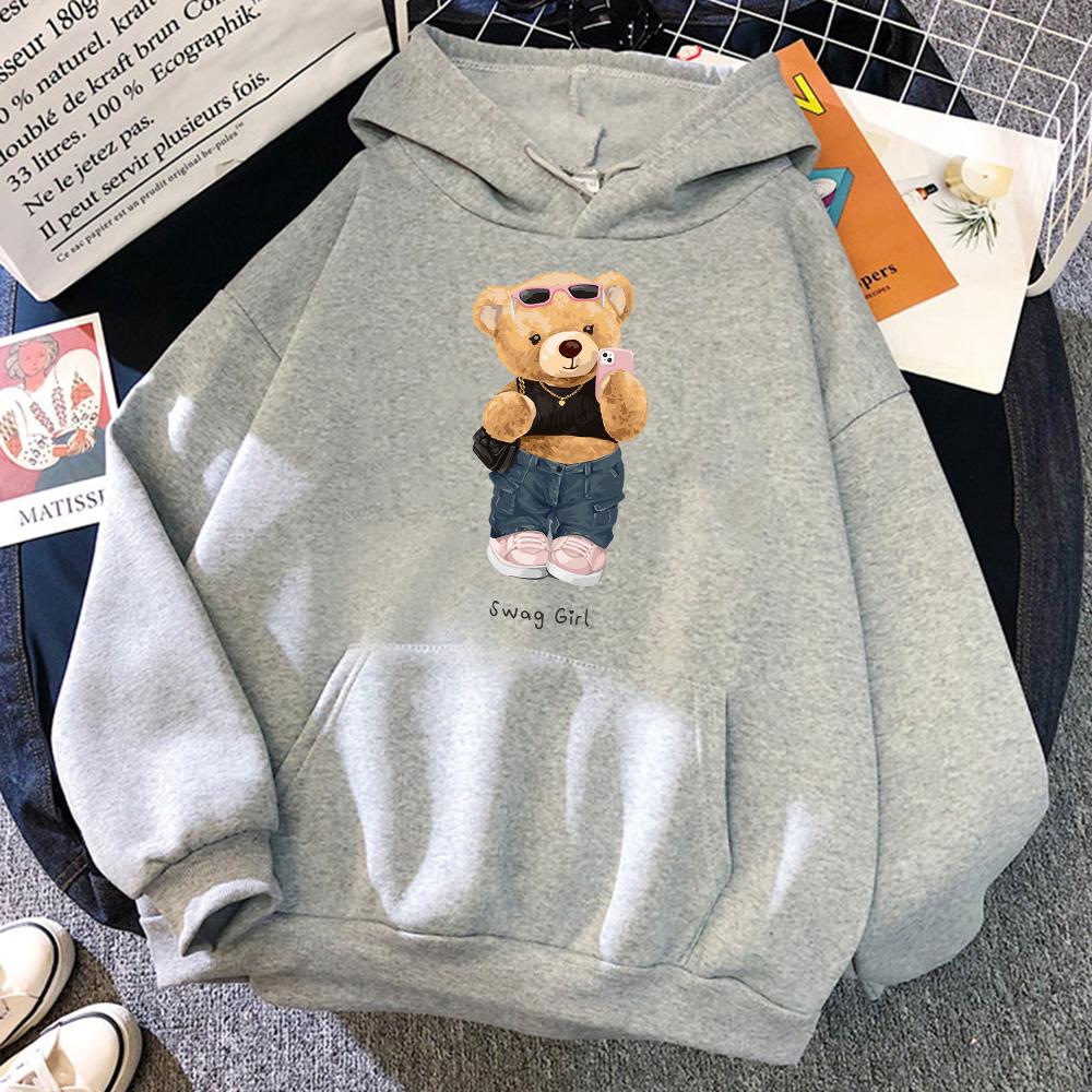 Street Teddy Bear Selfie Swag Girl Funny Women Clothes Breathable Loose Hoodies Harajuku Pocket Sweatshirt Soft Crewneck Hoody