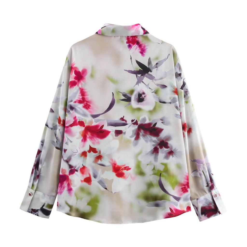 Spring 2025 Floral Print Satin Shirt for Women: Elegant, Casual, Lapel Design