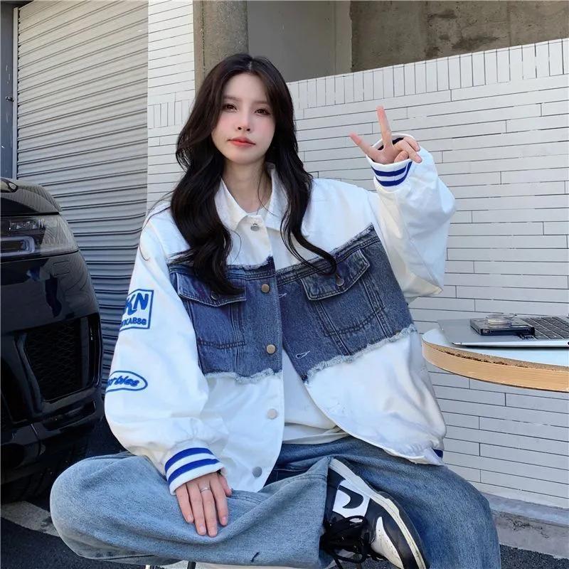 Amerikansk retro søm broderi denim baseball uniform jakke dame vår og høst løs koreansk stil