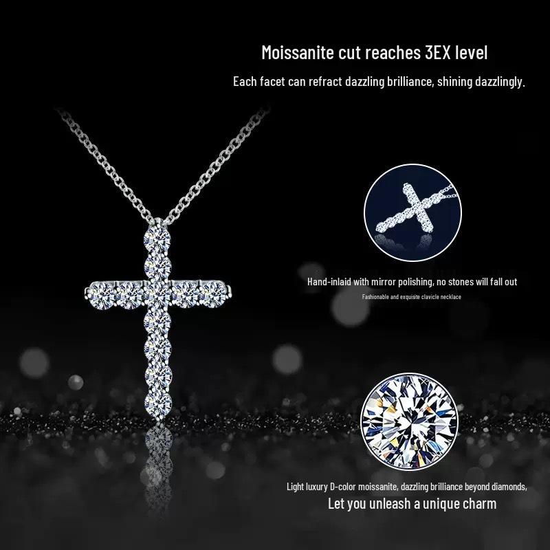 S925 Sterling Silver Moissanite Cross Pendant Necklace - Women's Luxury Clavicle Chain