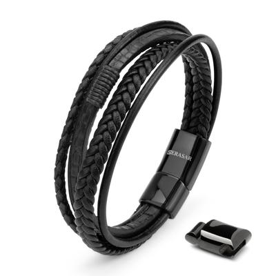 Premium Bracelet Genuine Black Brown Leather Magnetic Stainless Steel Clasp Comes with Jewelry Box Perfect No Jewels [Wild] Men's &