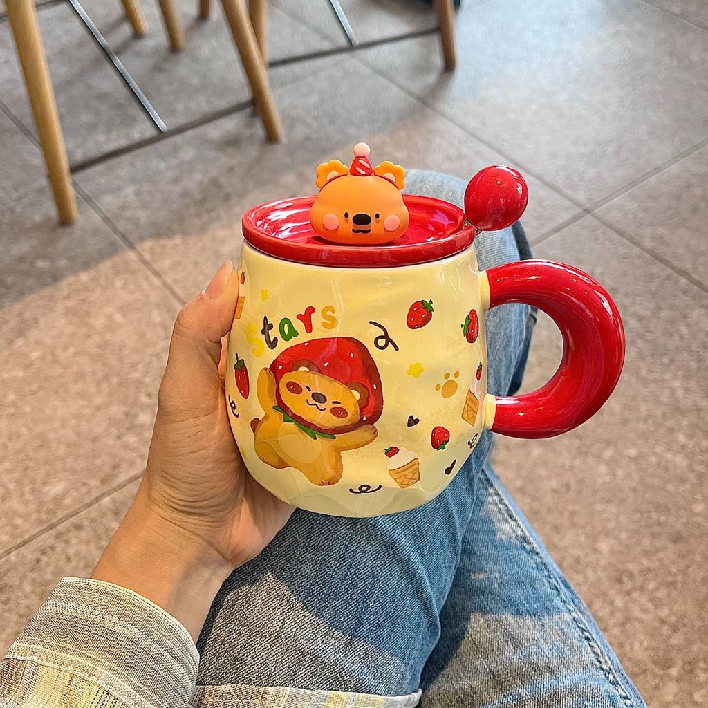 Cute Bear Mug With Lid Spoon High Value Ceramic Water Cup Girls Household Cup Coffee Breakfast Cup Children