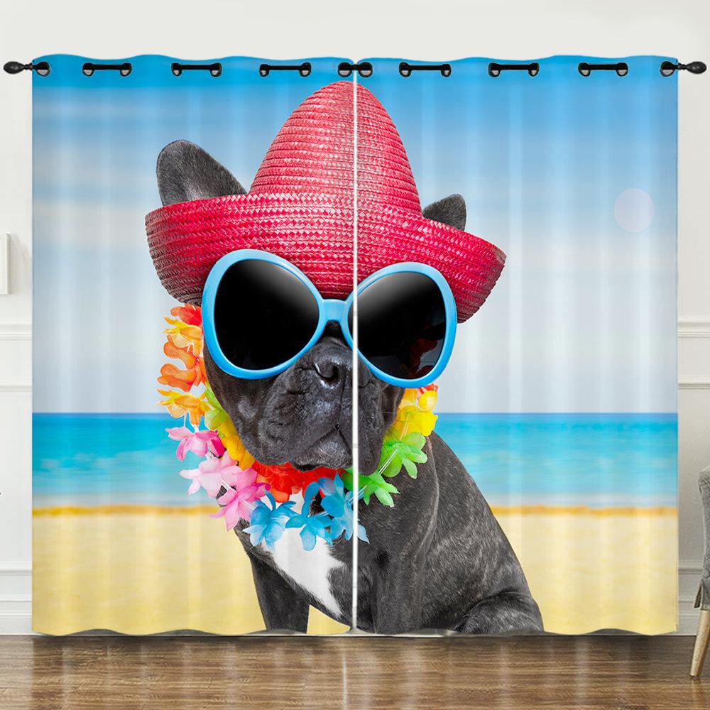 Curtains Summer Vacation Cool Cats And Dogs 3D Digital Printing Blackout Curtain Punching