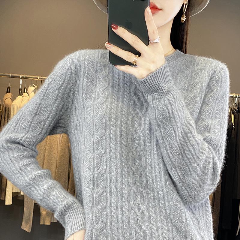 Women's Solid Color Wool Jacquard Knit Pullover Sweater - Round Neck Autumn/Winter Casual Top