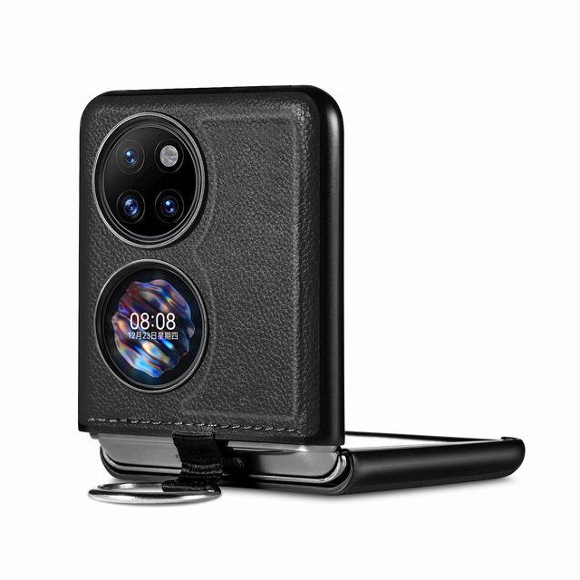 

Кожаный чехол с держателем на палец и защитой от падения для Huawei P50, карманный противоударный чехол для телефона, чехол for P50 Pocket чёрный