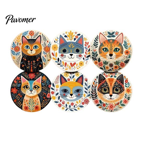 Waterproof Coasters for Daily Use 6 Pcs Cute Cat Coasters, Thick Heat-Resistant Wood Coaster Tabletop Protection, Unique Gift Ideas Lovers Non