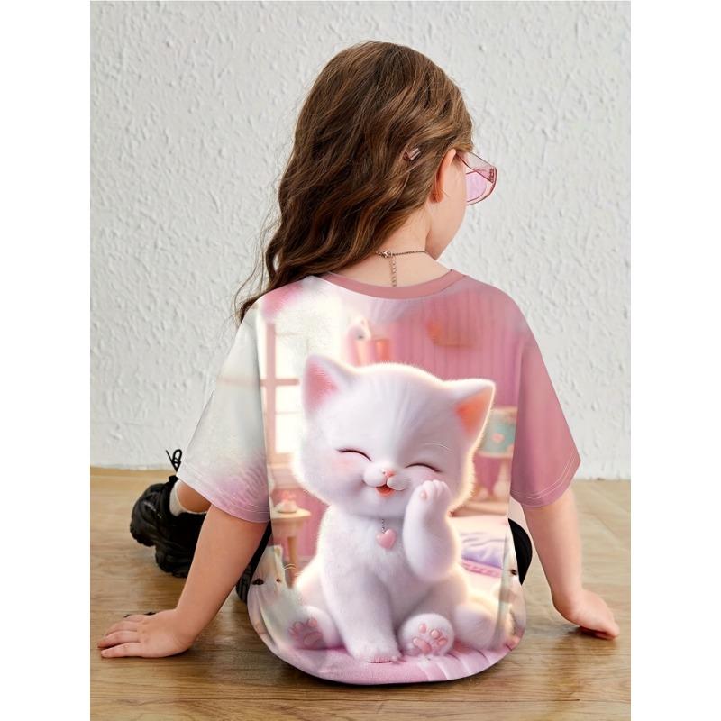 Barnkläder Flickkläder Kortärmad Flick T-shirt Tecknade Djur Tryck Casual O-Hals Flicktopp T-shirt Barn Sommarkläder