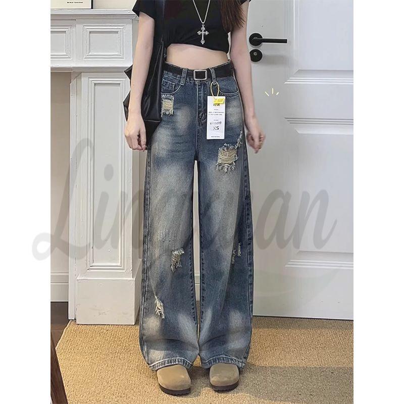 Petite High-Waisted Wide-Leg Ripped Retro Summer Jeans for Women - Floor-Length, Loose, Straight Fit Small