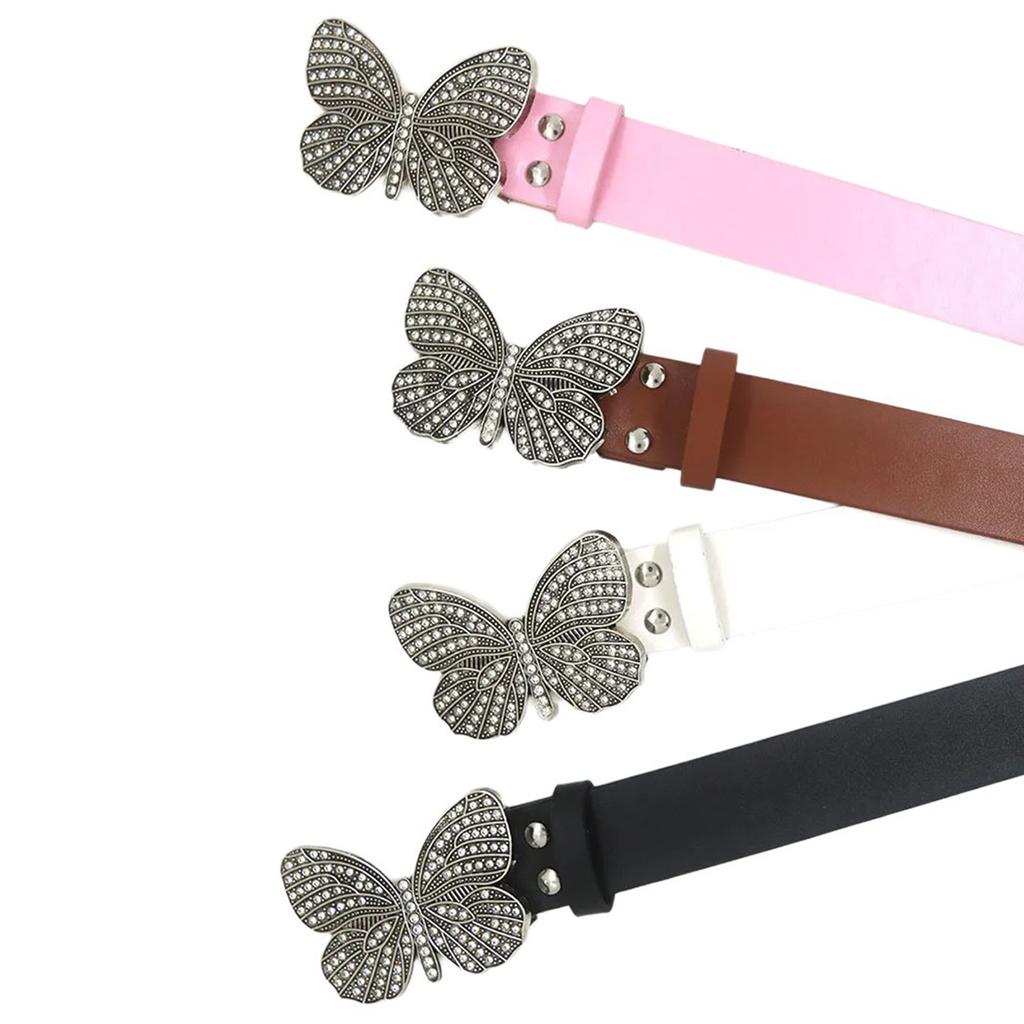 Simple Adult Waist Belt with Adjustable Diamond Butterfly Buckle Waistband PU Waist Belts for Rock Fan Wear Resistant