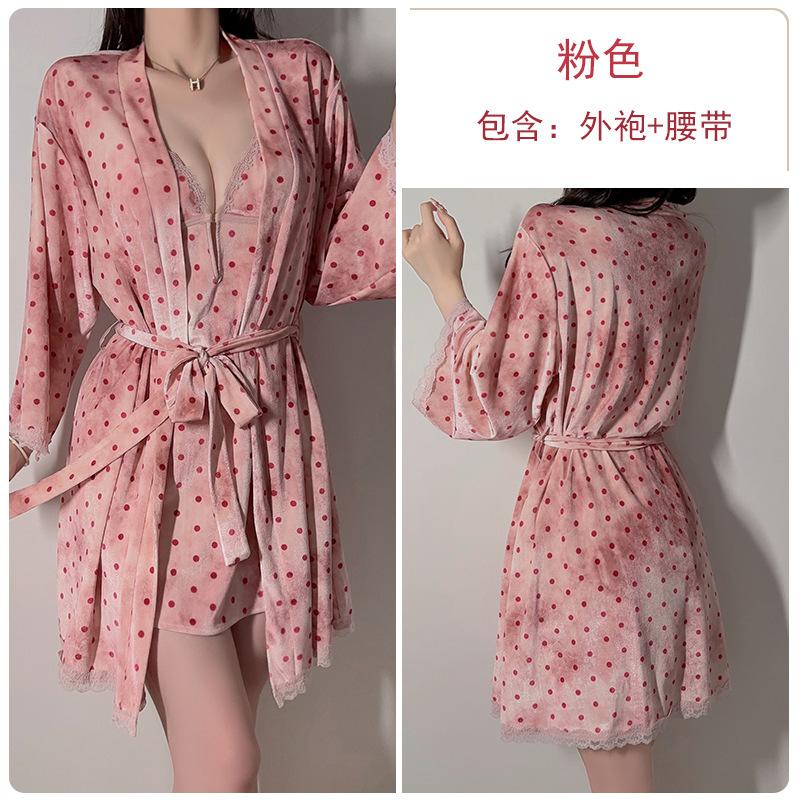 Women's Velvet Warm Deep V Push Up Padded Backless Sleep Dress with Robe Lounge Set