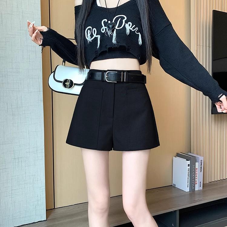 Spring Plus Size A-Line Black High Waist Shorts for Women - Petite, Loose Fit, Wide-Leg, Slimming Suit Style