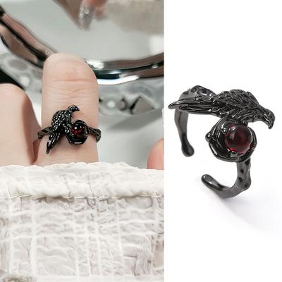 Goth Retro Red Crystal Geometric Irregular Open Ring Set Punk Y2K Animal Crow Rings Halloween Accessories For Women Kpop Jewelry