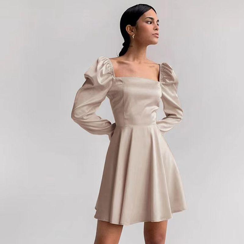 

Сексуальное платье в западном стиле с квадратным вырезом, темпераментное, формальное, атласное платье с пышными рукавами, сексуальное платье с квадратным вырезом Khaki S