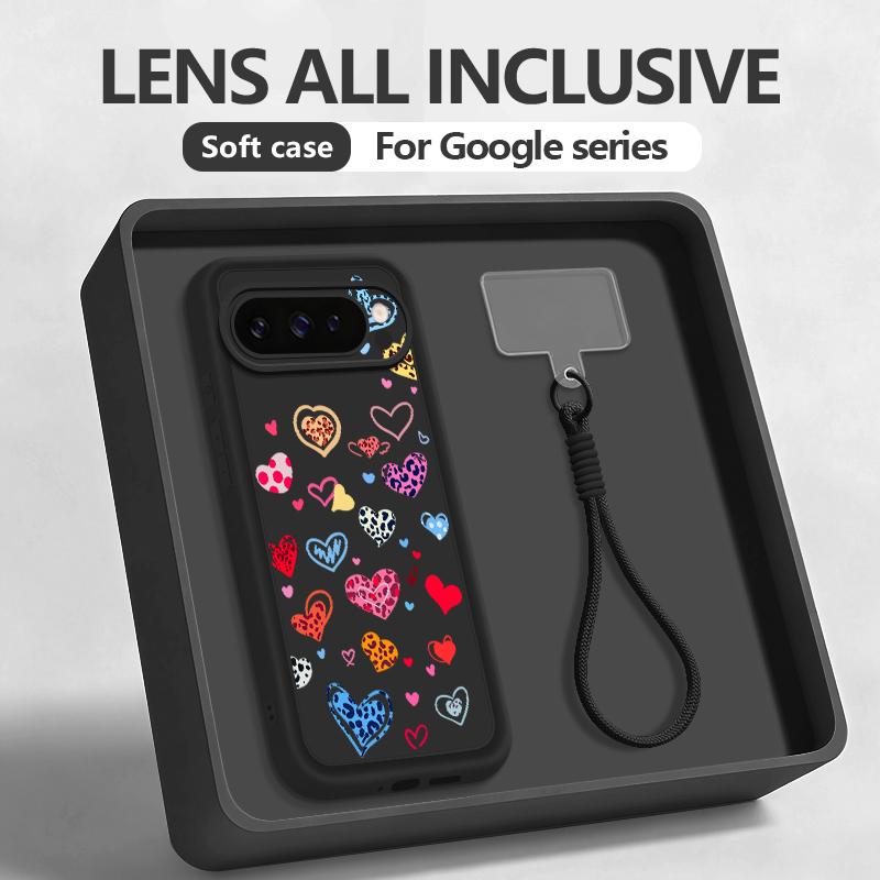 Colorful Love Heart Printed Case For Google Pixel 10 8 7 Pro 9A 8A Pixel 9 10 Pro XL Wrist Strap Lanyard Soft TPU Phone Cover
