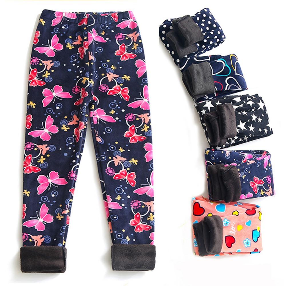 Girls' Fleece-Lined Leggings: Autumn/Winter Children's Printed Slim-Fit Thermal Pants - Outerwear Long Pants