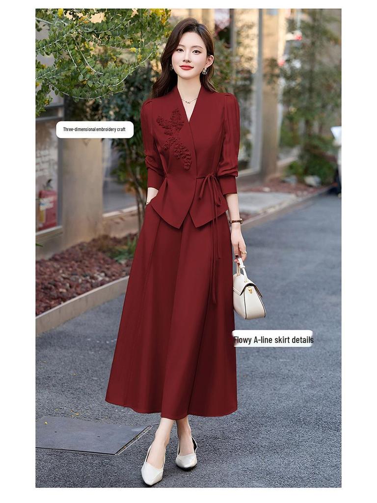 Red Elegant Women's Suit Set: Chic Waist-Slimming Shirt & Midi Skirt for Spring/Autumn 2025.
