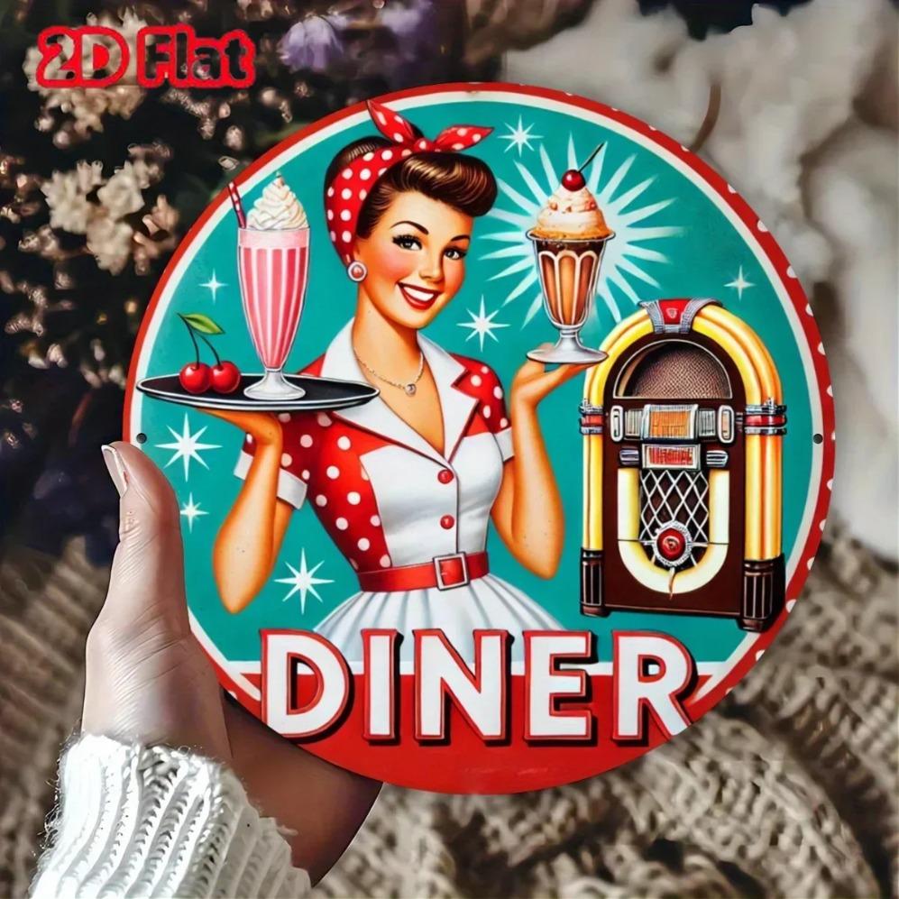 D VintageInspired Diner Iron Metal Sign Round Wall Art Decor Classic Restaurant Style for Home Bedroom Ideal Gift