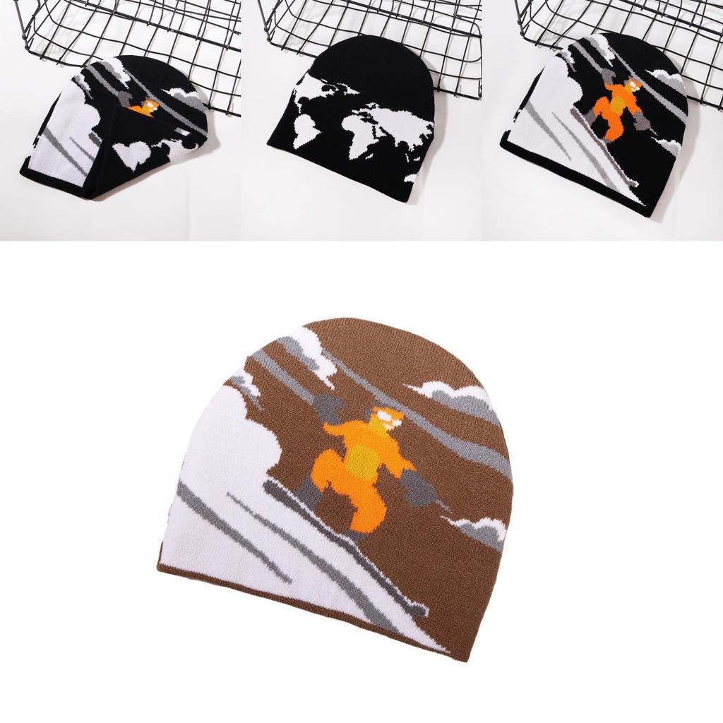 Ski Pattern Knit Cap With Acrylic Material And Winter Cold Weather Wear For Outdoor Activities
